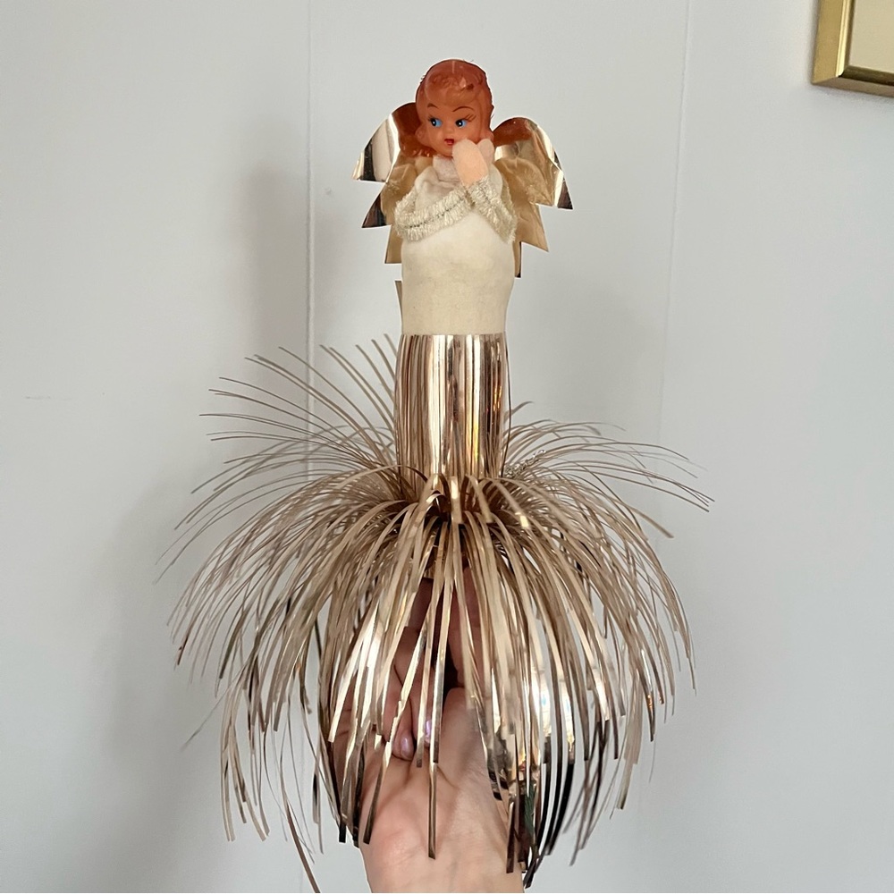 Vintage Tinsel Angel Tree Topper Handmade Burst Gold Spray Cascading Doll Old